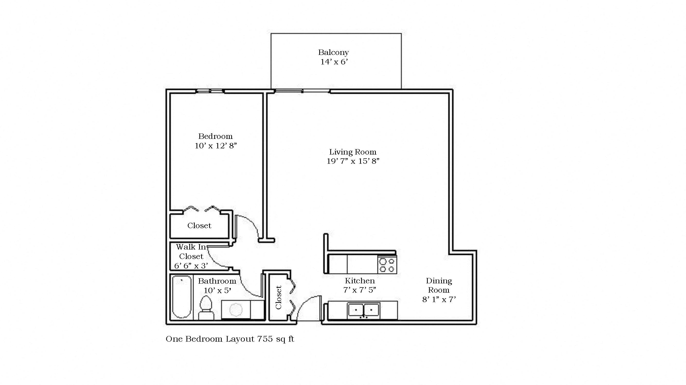 Floor plan for 1 bed, 1 bath, 755 sqft